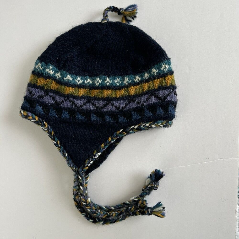 Newari Icelandic Design Wool Earflap Beanie Blue Tassel Hand Crafted Nepal Lined